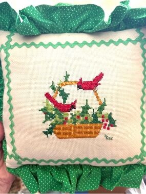 Vintage Handmade Green Trim Bird Cross-Stitch Decorative Pillow